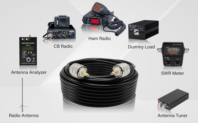 RG58 Coaxial Cable 50 Feet Solid Copper, UHF Male PL-259 to UHF Male PL-259 Low Loss, 50 Ohm Coax Cable for CB Radio, Ham Radio, SWR Meter, Police Scanner, Antenna Tuner (50FT) 50FT