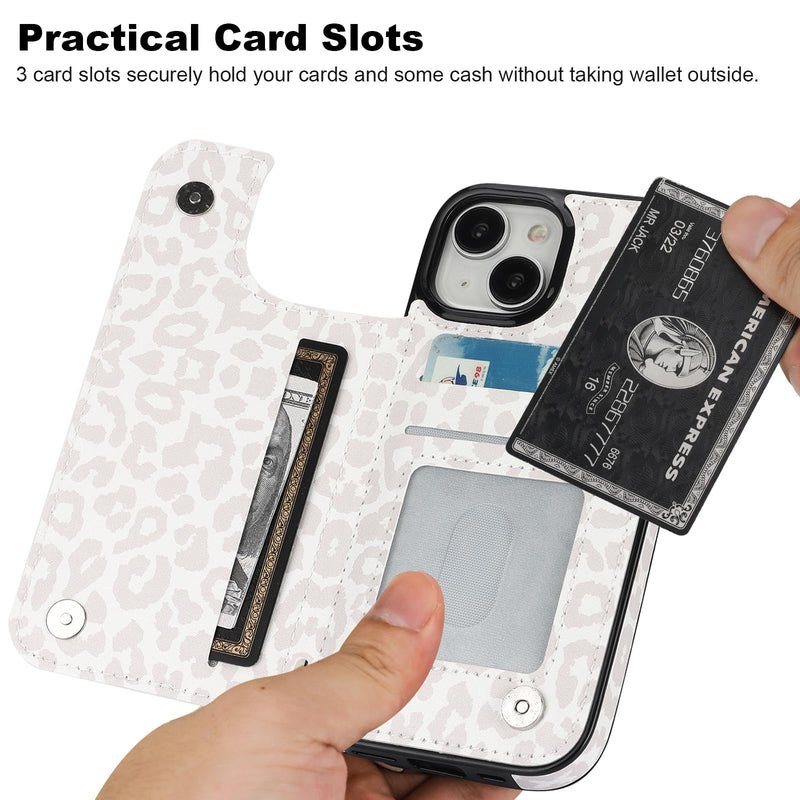 HAOPINSH for iPhone 15 Wallet Case with Card Holder, Floral Flower Pattern Back Flip Folio PU Leather Kickstand Card Slots Case for Women Girls, Double Magnetic Clasp Cover 6.1" (White Leopard) White Leopard