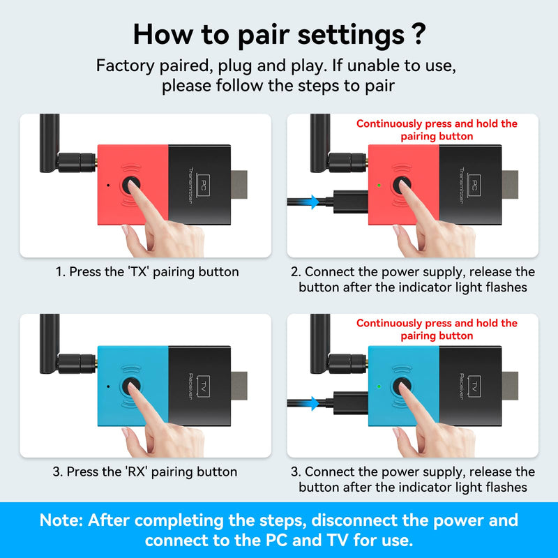 Wireless HDMI Transmitter and Receiver Plug & Play 2.4G+5.8G Wireless HDMI Extender 328FT/100M Support 4K Decode 1080P@60Hz for PC Laptop Camera Cable Box to TVs Monitors Projectors