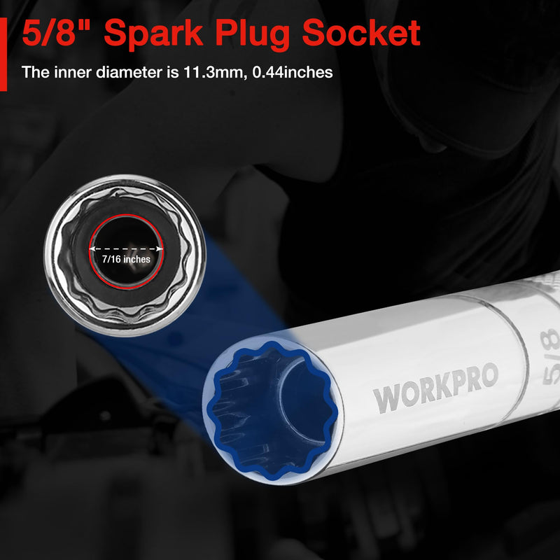 WORKPRO 5/8" Magnetic Spark Plug Socket with Magnetic Design, Swivel Thin Wall Spark Plug Socket, 3/8" Drive x 4" Total Length, 360 Degree Swivel, 12 Point 5/8"×4"