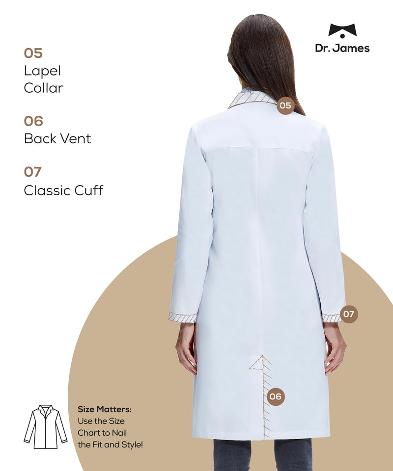 Dr. James Women’s Lab Coat – 100% Cotton, Classic Fit, Shaped for Women, 3 Pockets, 37” Length, OEKO-TEX® Certified 12 (L)