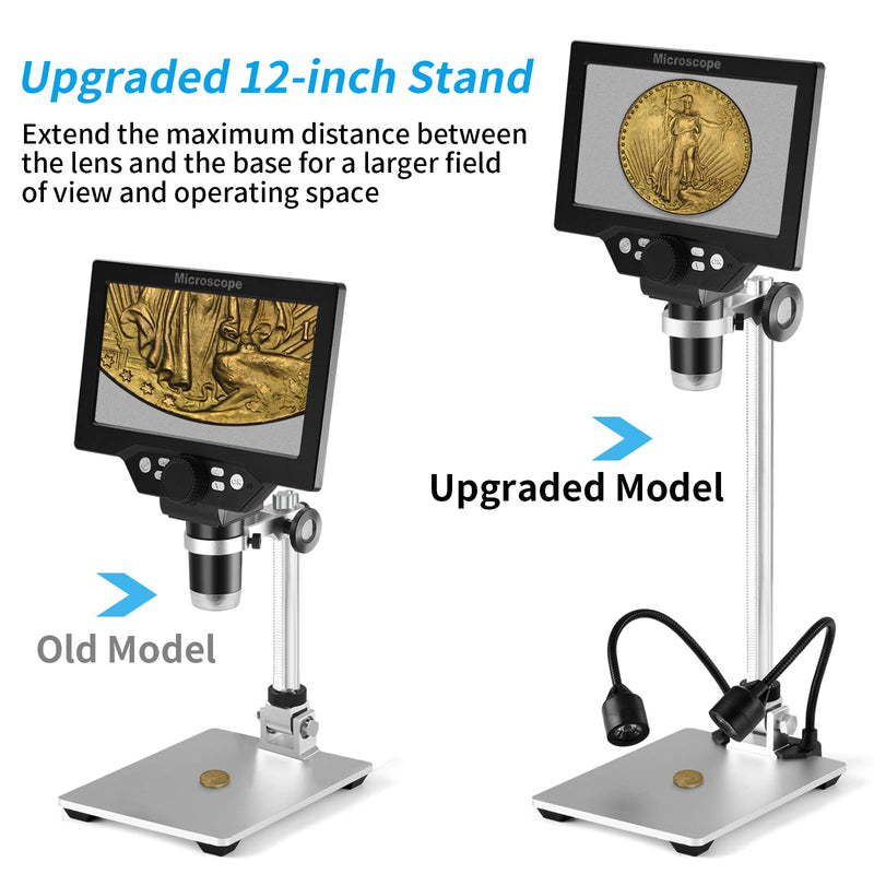Koolertron LCD Digital Microscope Stand, 12inch Aluminum Extension Arm with 2 Fill Lights, Adjustable Manual Focus Holder for Soldering, PCB Inspection, Coin & Jewelry Observation 12 inch