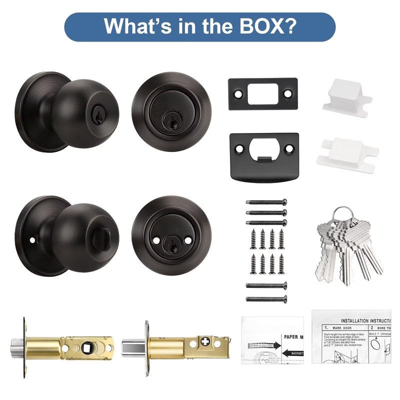 Knobonly Entry Door Knobs and Double Cylinder Deadbolt, Keyed Alike Door Handle Set with Same Keys, Combo Pack for Front Doors-Keyed on Both Side, Oil Rubbed Bronze Finish, Contractor Pack of 3 Set