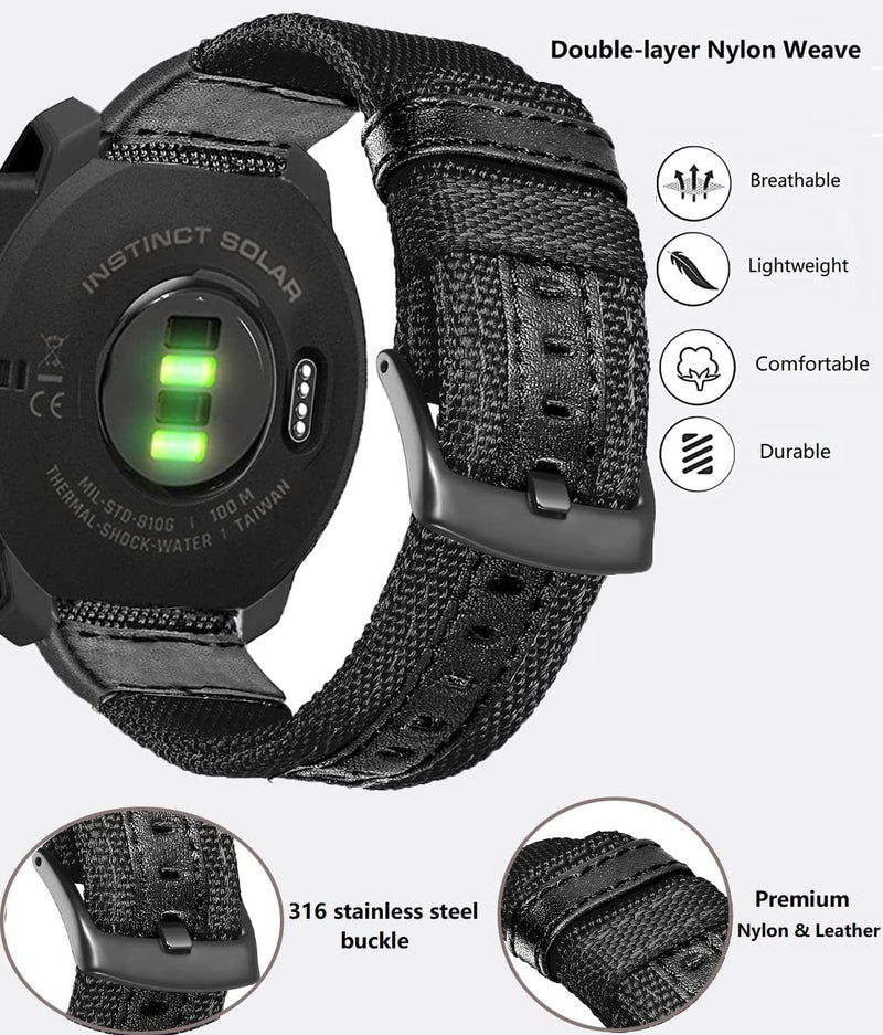 Olytop 2 Pack 22mm Rugged Watch Bands for Garmin Instinct/Instinct 2 Solar, Military Fabric Sports Wristband Replacement Watch Strap Men Women for Garmin Instinct 2 Tactical/Esports/Tide M/L-Black+Army Green