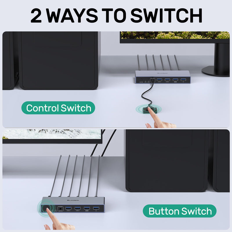 Displayport KVM Switch 2 Computers 1 Monitor, 8K@60Hz 4K@144Hz USB 3.0 DP KVM Switches for Two Computers Share one Screen with 4 USB Ports, Includes Desktop Controller and 5V Power Adapter Space Grey-DP 2 in 1 Out