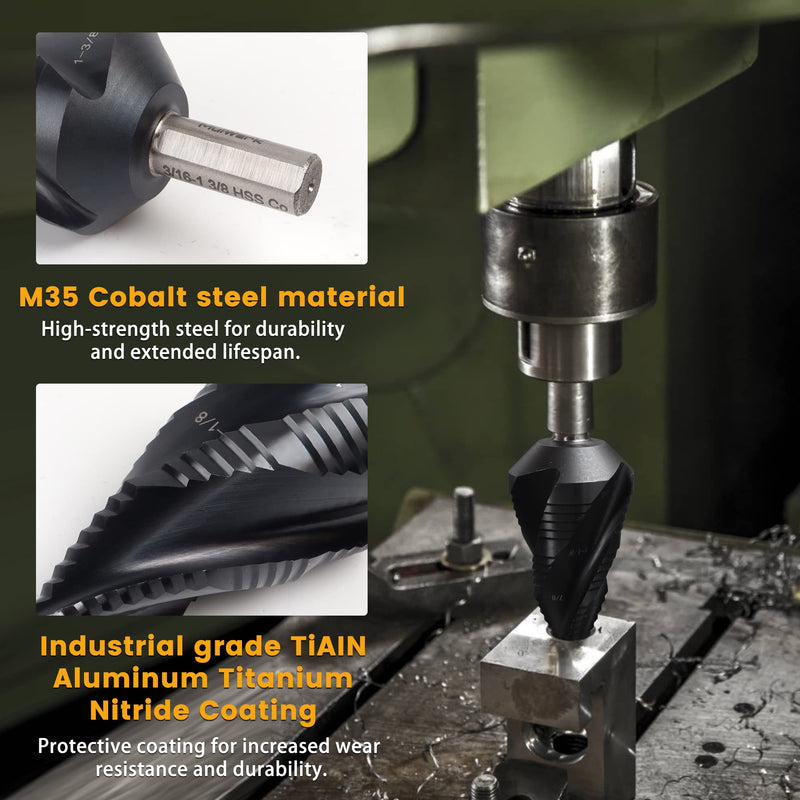 MulWark Four Spiral Flute Cobalt Step Drill Bit 1/4"-1-3/8"