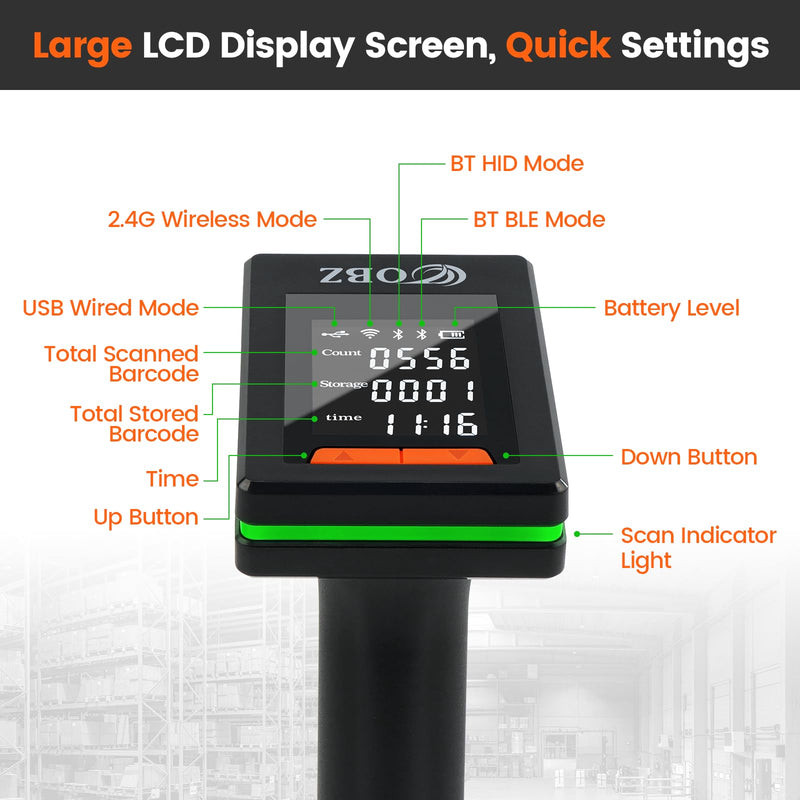OBZ 2D Bluetooth Barcode Scanner with Large Screen, Compatible with 2.4G Wireless & Bluetooth & USB Wired, Connect Smart Phone, Tablet, PC, Wireless QR Code Scanner Work with Windows Mac iOS Android