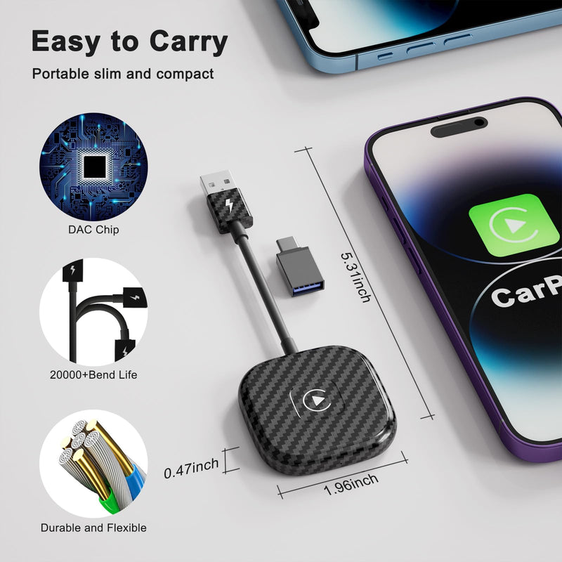 Wireless CarPlay Adapter for Apple iPhone，Wireless Carplay USB Dongle Converter Wired Carplay to Wireless, Support Online Update Plug and Play,Fit for Cars Built-in Wired CarPlay (Carbon) Carbon