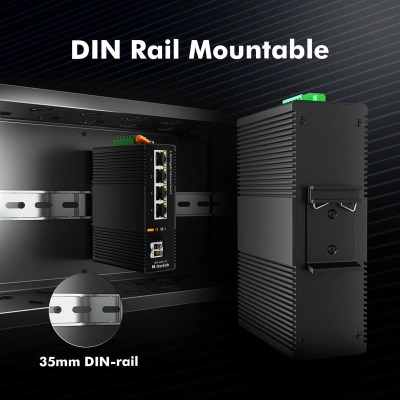 MokerLink 5 Port Industrial DIN-Rail Network Switch, 4 Gigabit Ethernet, 1 SFP, 14Gbps Switching Capacity, IP40 Rated (-40 to 185F), With UL Power Supply 4*1G, 1SFP