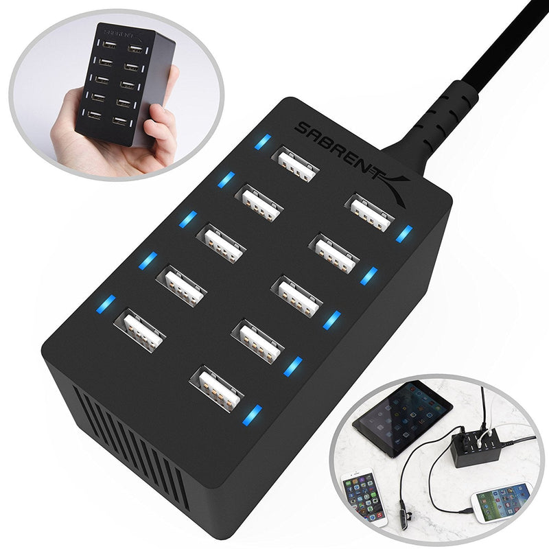 SABRENT 60 Watt (12 Amp) 10 Port [UL Certified] Family Sized Desktop USB Rapid Charger. Smart USB Ports with Auto Detect Technology [Black] (AX-TPCS) 10-Port