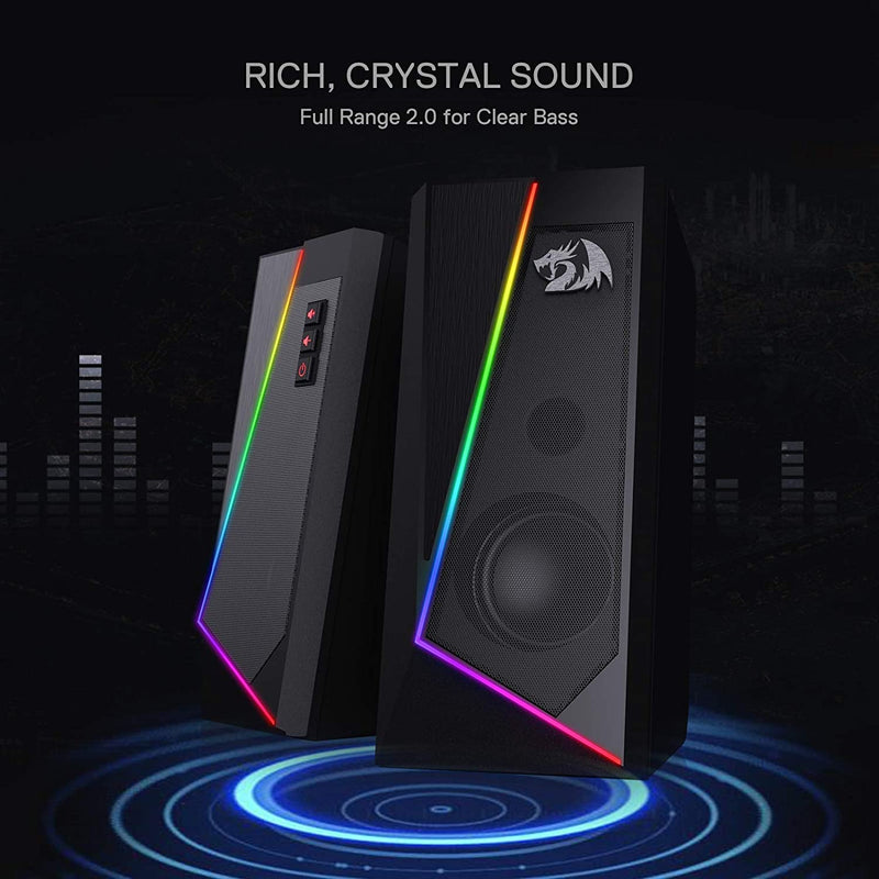 Redragon GS520 RGB Desktop Speakers, 2.0 Channel PC Computer Stereo Speaker with 6 Colorful LED Modes, Enhanced Sound and Easy-Access Volume Control, USB Powered w/ 3.5mm Cable Black