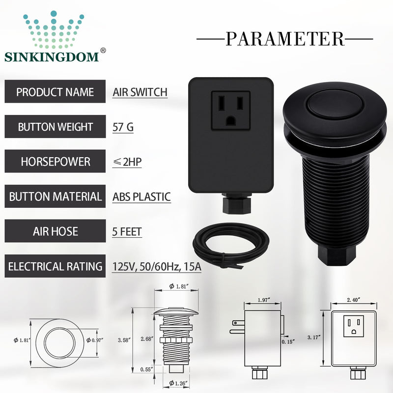 Garbage Disposal Air Switch Kit with Long Button, Matte Black (Brass Cover) Metal