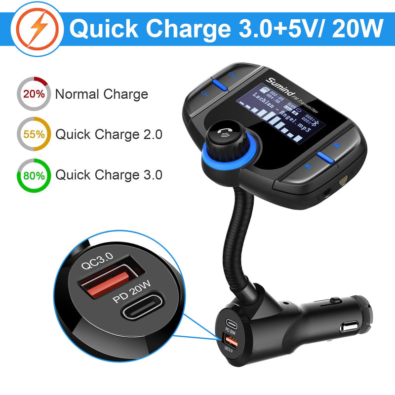 Upgraded Bluetooth FM Transmitter, Wireless Radio Adapter Hands Free Car Kit with 1.7'' Display, QC3.0 and Smart 2.4Amp Dual USB Ports, AUX Input/Output, TF Card Mp3 Player (PD, Black) PD