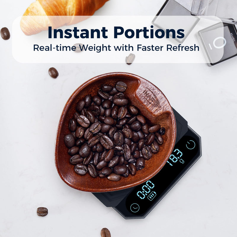 IKAPE Mini Digital Coffee Scale with Timer, 2kg/0.1g Precision, Rechargeable, Drip Espresso & Pour-Over, Tare Function, LED Display (Black)
