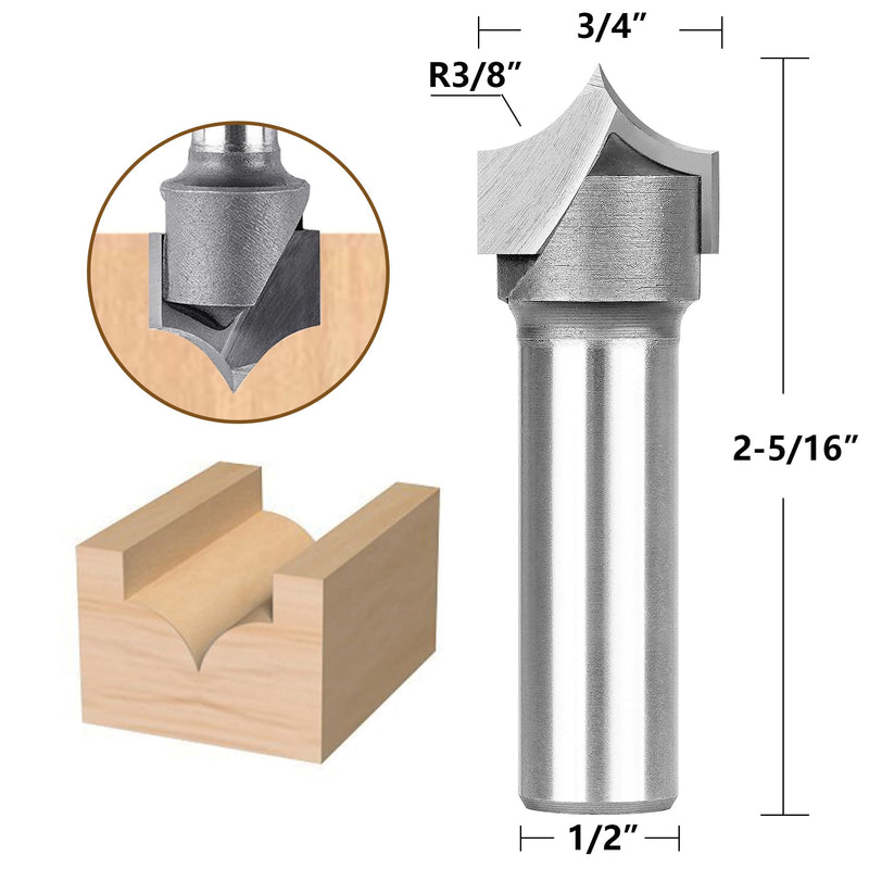 SpeTool 3/8" Radius Point Cutting Rounover Router Bits 1/2 Inch Shank 3/4" Cutting Diameter , 2 Flute Solide Carbide Tipped Round Over CNC Router Bit for Woodworking Engraving Tool R3/8-D1/2
