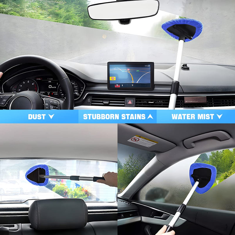 Windshield Cleaning Tool, Car Window Cleaner with Extendable Long Handle and 4 Washable Reusable Microfiber Pads, Auto Interior Exterior Glass Wiper Cleaning Kit Universal for Office and Home (Blue) Blue