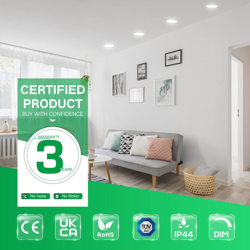 ALUSSO LED recessed spotlight 230V dimmable 68mm 7W ultra flat IP44 LED spots warm white neutral white cold white ceiling spots for bathroom kitchen living room, white, set of 6 round white
