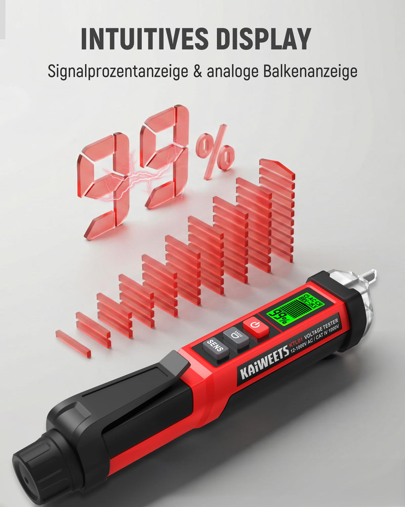 KAIWEETS Non-Contact NCV Voltage Tester, Dual Range Phase Tester 12V/70-1000V AC, LCD Bar & Percentage Display, Buzzer, Conductor/Neutral Conductor Detection, CAT IV 1000V red