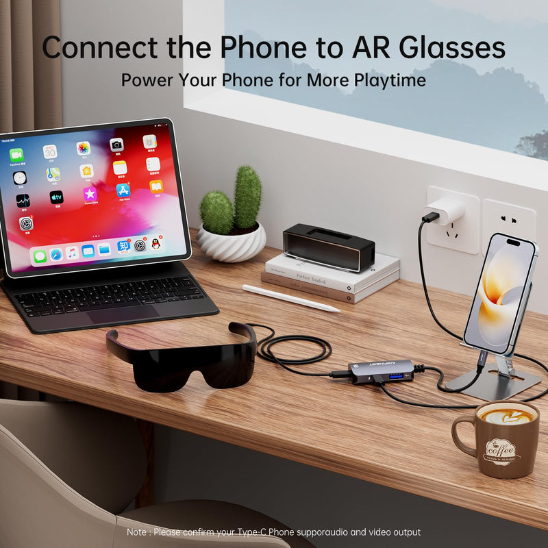 USB C to AR Glasses with Charging Adapter Enables Multi-Screen Enhanced 3D 4K@60Hz PD 100W Compatible for iPhone 15/16 Viture/Rokid/Xreal AR Glasses (USB2.0+ USB C) USB2.0+ USB C