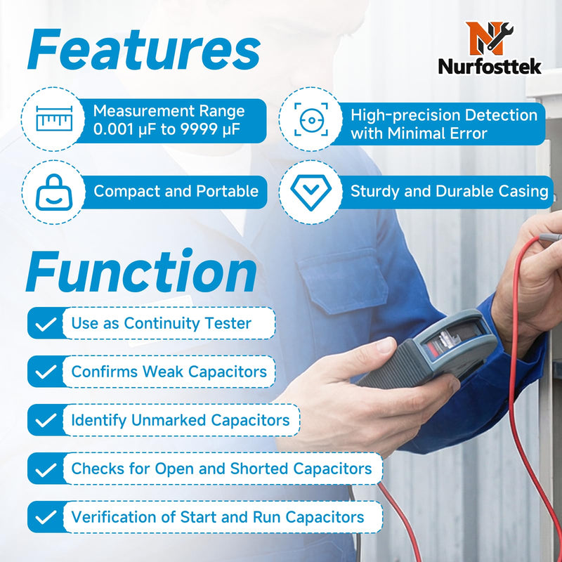 MFD10 Digital Capacitor Tester, 0.001-9999 μF Range, 5% Accuracy | LED Display, Portable for HVAC Home Appliance&Electronic Repair, Includes Magnetic Wires, Alligator Clips & Soft Tool Kit