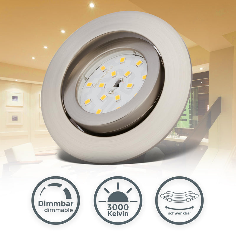 B.K.Licht - Set of 5 LED Recessed Spotlights, 230 V, Dimmable in Steps, Swivelling, Hole Diameter 68 mm, LED Spotlight, Flat, Ceiling Spots, Spotlights, Recessed Spots, 82 x 28 mm, Matt Nickel