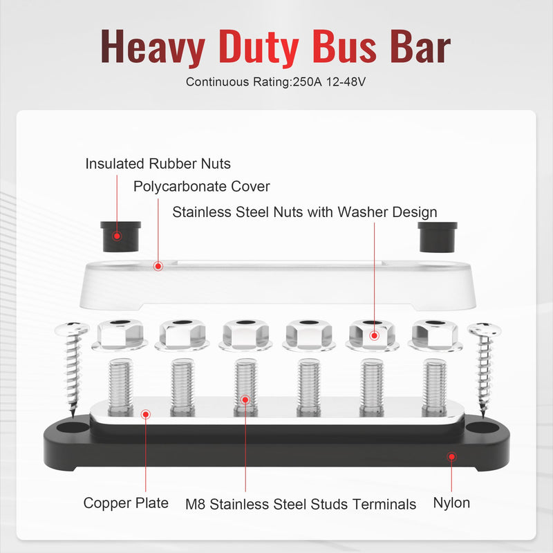 12V Bus Bar 250A Power Distribution Block, 12 Volt Busbars 6 x 5/16" (M8) Terminal Studs Positive & Negative for Car, Marine, Solar Systems