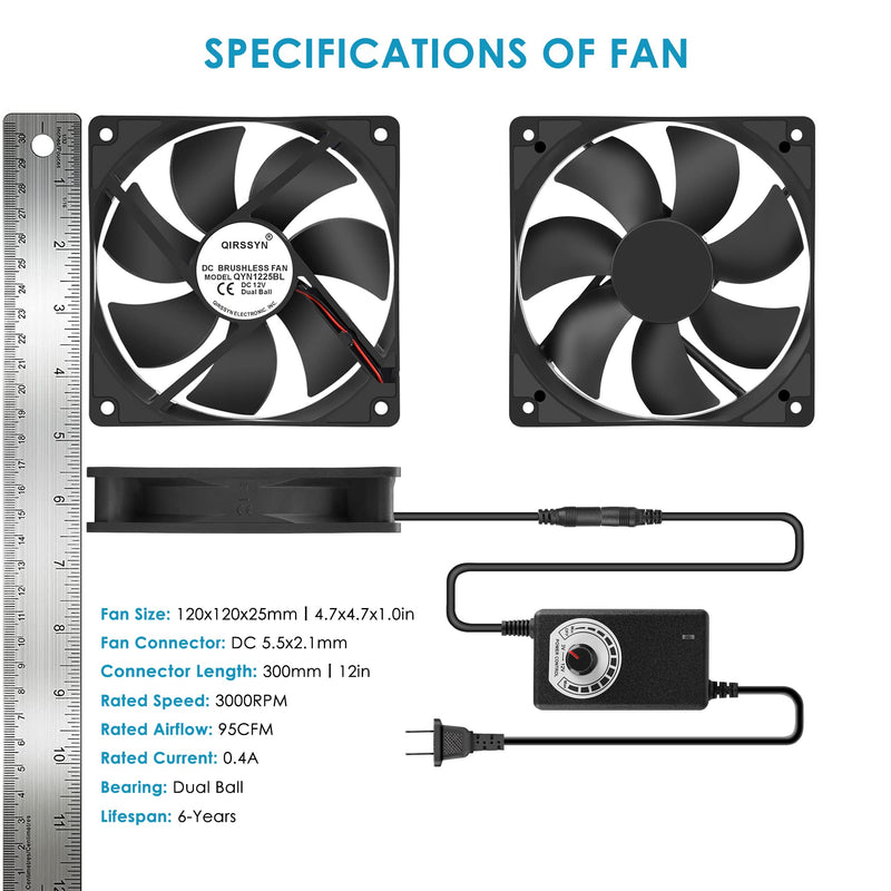 120mm AC Powered Fan with Vriable Speed Controller, AC 110V to 220V Vriable Speed Fan for Receiver Amplifier DVR PlayStation Component Cooling QYN1225BSP