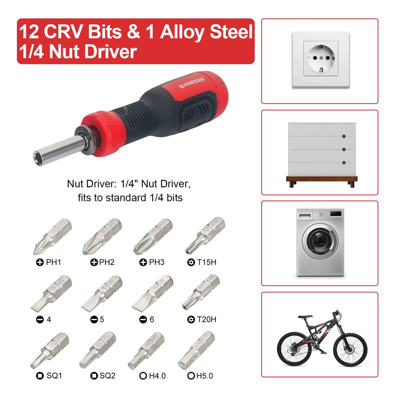 SHARDEN Multi Screwdriver 13-in-1 Screw Driver Adjustable Screwdriver Set Multitool All in One with Torx Security, Flat Head, Phillips, Hex, Square and 1/4 Nut Driver Multibit Red