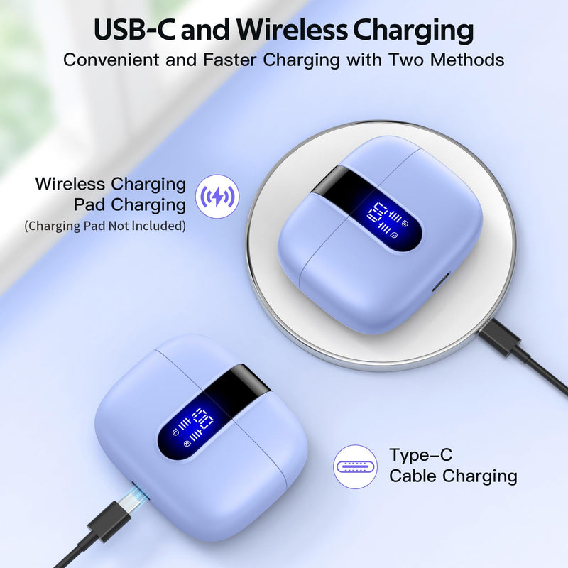 TAGRY Bluetooth Headphones True Wireless Earbuds 60H Playback LED Power Display Earphones with Wireless Charging Case IPX5 Waterproof in-Ear Ear buds with Mic for TV Smart Phone Laptop Computer Sports M Purple