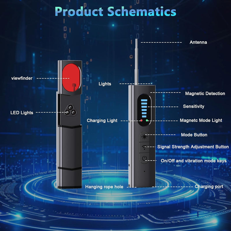 Hidden Camera Detectors, High Accuracy Spy Camera Finder, Portable Hidden Bug and Camera Detector, 5 Levels Sensitivity 6 Modes, Wireless Rechargeable for Home, Car, Hotel, Travel, Full