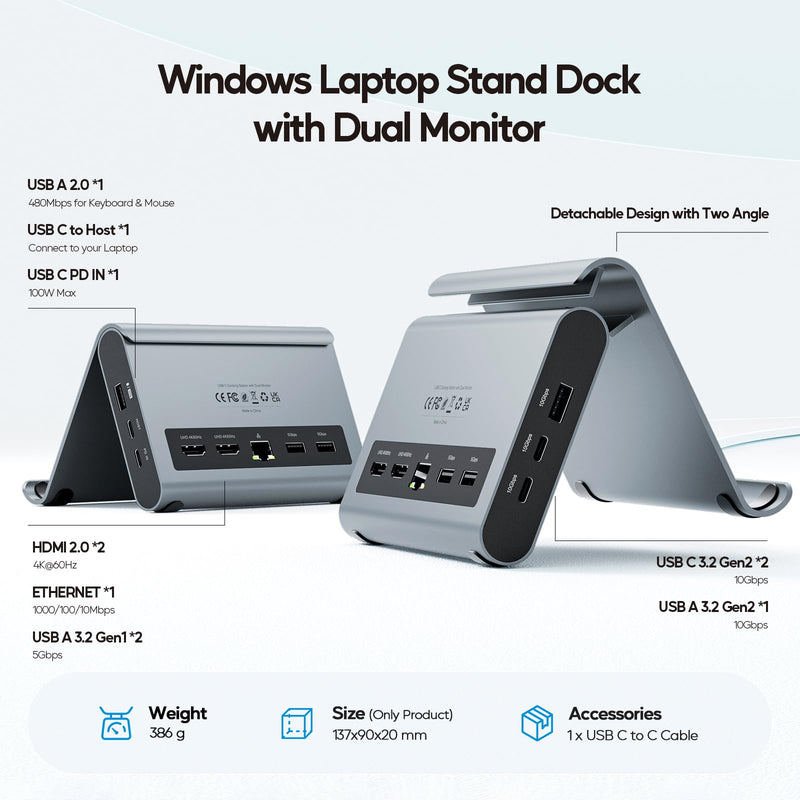 USB C Docking Station Dual Monitor, PULWTOP Laptop Dock for Windows, Laptop Docking Staion Stand with 2xHDMI 4K,3xUSB-C/A 10Gbps,2xUSB-A 5Gbps,RJ45,PD for Surface Pro11/10/9/8/Dell/HP/Lenovo/Asus/Acer