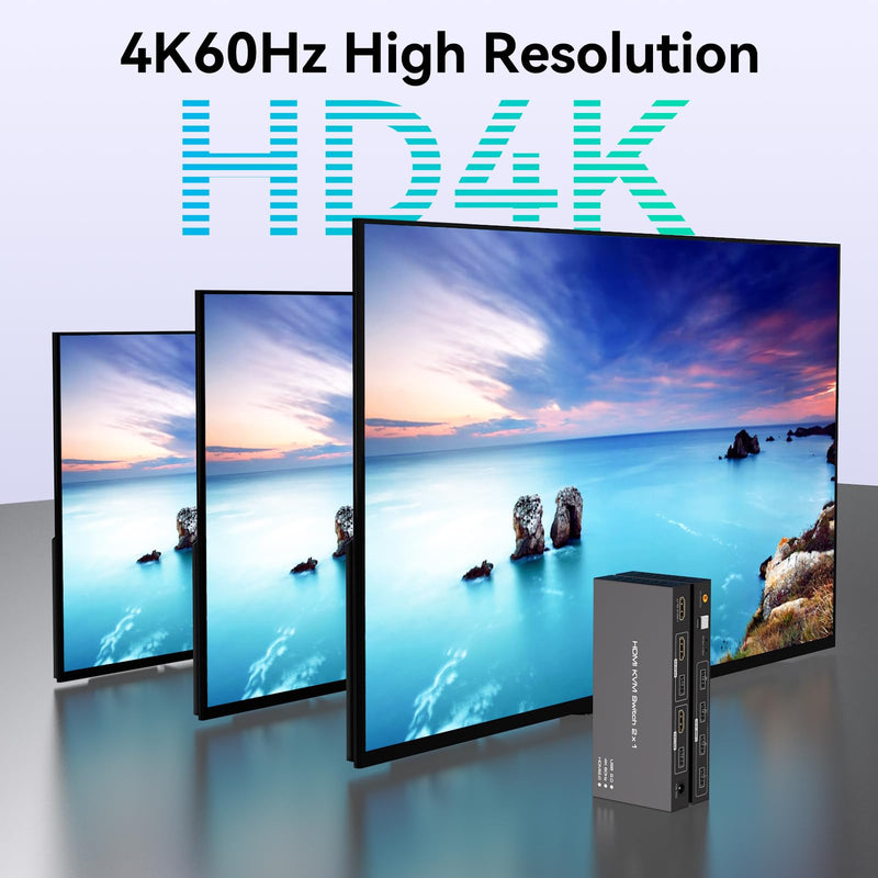 4K60HZ KVM Switch 1 Monitors 2 Computers HDMI KVM Switches for 2 Computers Sharing Single Monitor and Keyboard Mouse Hard Drives Printer with Two USB Cables and Wired Controller SW201ABG Deep Black