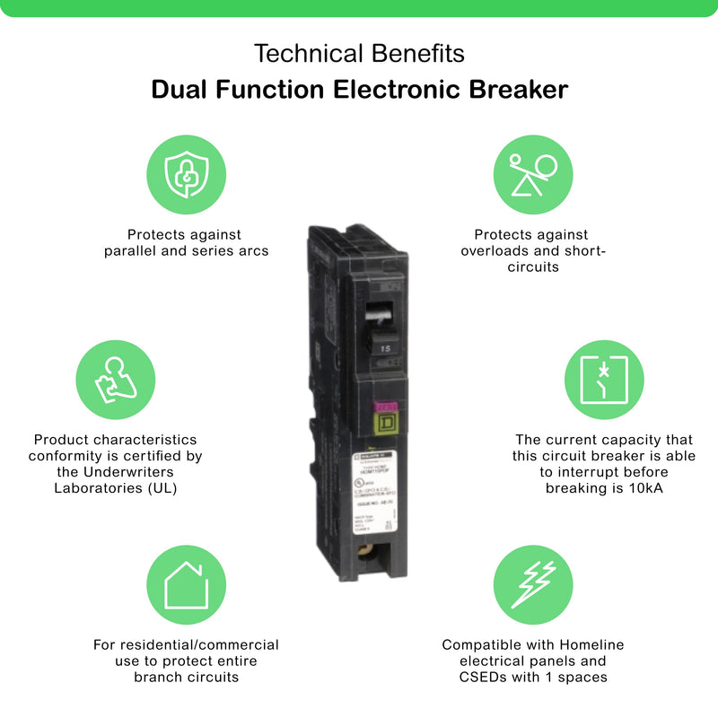 Square D by Schneider Electric Square D - HOM115PDFC Homeline Plug-On Neutral 15 Amp Single-Pole Dual Function (CAFCI and GFCI) Circuit Breaker, Plug On, No Pigtail