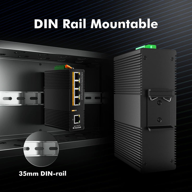 MokerLink 5 Port PoE Industrial DIN-Rail Network Switch, 60W IEEE802.3af/at PoE Power, 10/100Mbps Fast Ethernet, IP40 Rated Network Switch (-40 to 185°F), with UL Power Supply 5*100M POE