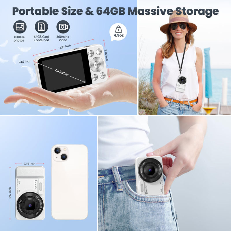64MP 4K Digital Camera, Hoestr 18X Zoom Autofocus Point and Shoot Compact Camera with 64GB TF Card, Flash, 2.8" LCD Screen for Teens Adult Beginner Travel Photography Vlogging（White） White