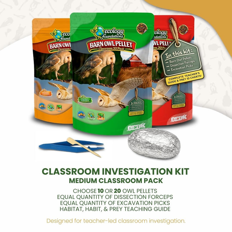 Barn Owl Pellets Classroom 10 Pack (Medium) – Dissection Kit for Ecology & STEM – Includes Forceps, Picks & Teacher Guide – Hands-On Science Activity