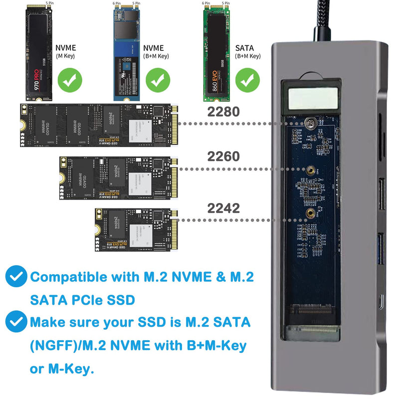 GKI 8-in-1 USB C Hub with M.2 NVMe/SATA SSD Enclosure with 1 * 4K HDMI, 1*USB C 3.1, USB 3.0,USB 2.0, SD/Micro SD Card Slots, 100W PD Compatible with USB C Port of Computer.