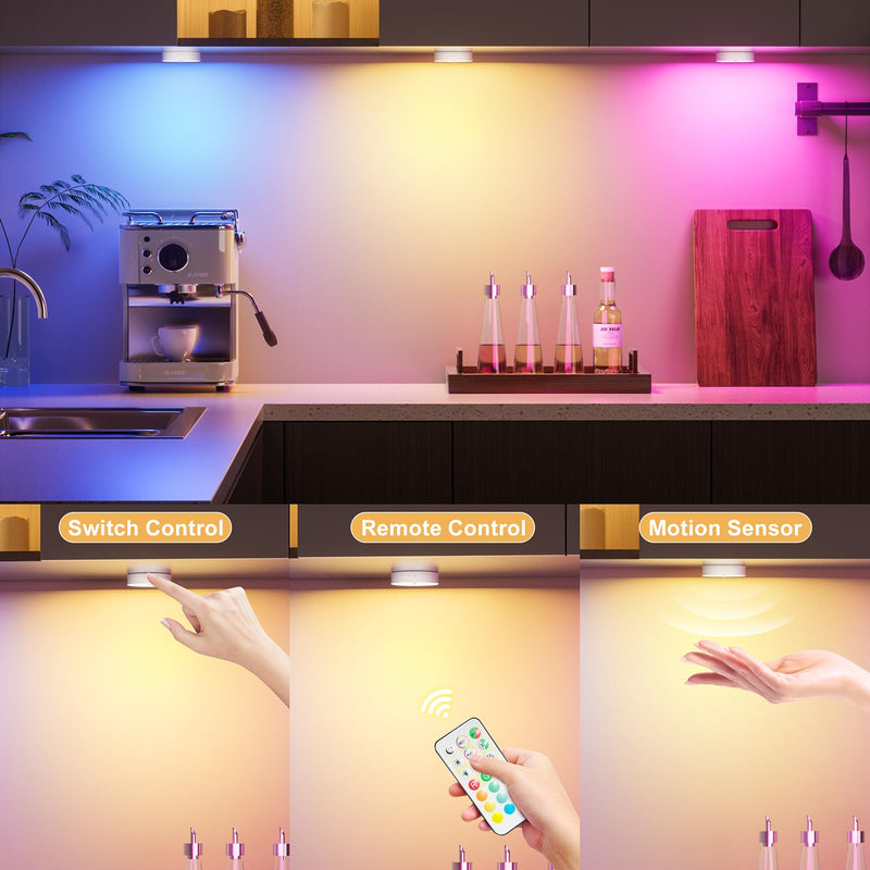 Puck Lights with Remote, Rechargeable 1500mAh Motion Sensor Night Lights, 13 RGB Colors, Dimmable LED Under Cabinet Lighting, Magnetic Stick-On Lights for Closet, Kitchen, Stairs, Counter, 6 Pack RGB Multicolor