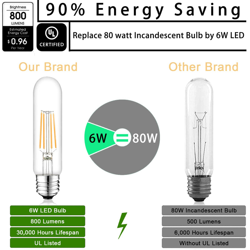 Edison Bulbs, E26 Led Bulb 6W Dimmable, 5 Inch 2700K Soft White T10 Light Bulbs Equal 80 Watt, UL-Cert Vintage Antique Tubular Bulbs 800LM for Bathroom Vanity Light Wall Sconces - 9Pack 5 Inch 6W（9 Count)