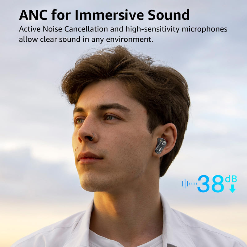 TOZO Hybrid Active Noise Cancelling Wireless Earbuds, 10mm Drivers Deep Bass Stereo Sound, 4 Mics Smart ENC AI Calls, 32 EQ Customization via App, Bluetooth 5.4 Headphones, Crystal Case Design Black