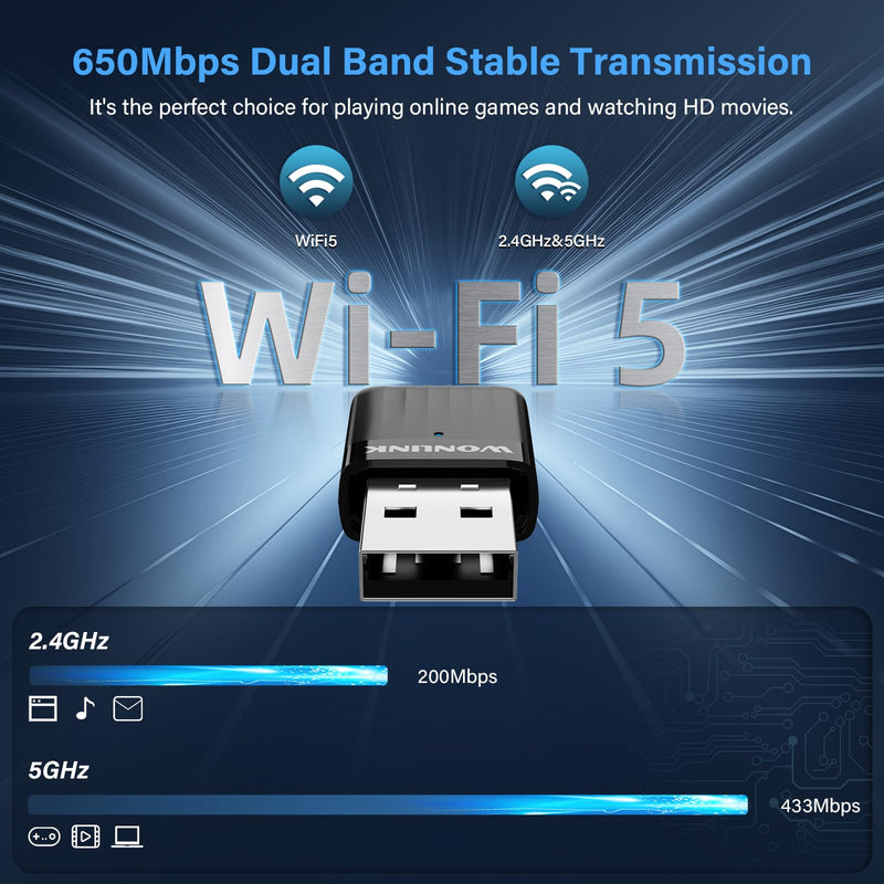 AC650 USB WiFi Adapter for PC Desktop, 2.4G/5G Dual Band Wireless Dongle, WiFi Network Adapter with Drive-Free for Windows7/10/11, AP Mode (NA1500) Black