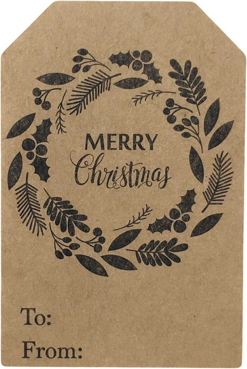 Season’s Greetings Gift Tags – 2 x 3 Inch Natural Kraft Holiday Stickers – 100 Adhesive Labels with 4 Festive Designs – Eco-Friendly and Made in USA
