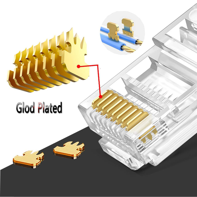 PETECHTOOL RJ45 Cat6 Cat5 Connectors Ends Gold Plated 8P8C Ethernet Pass Through Plug (100Pack) 100pieces