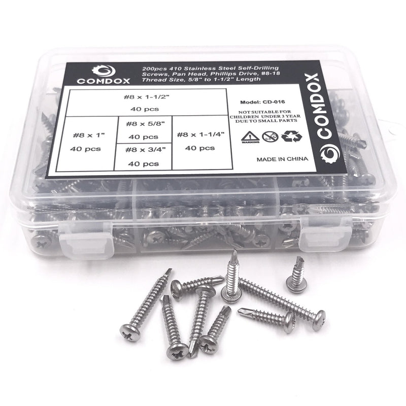 410 Stainless Steel Self Drilling Screws Kit Set, Pan Head Phillips Sheet Metal Tek Screws Assortment Kit, Modified Truss Head, #8-18 Thread Size, 5/8" to 1-1/2" Length (Pack of 200)
