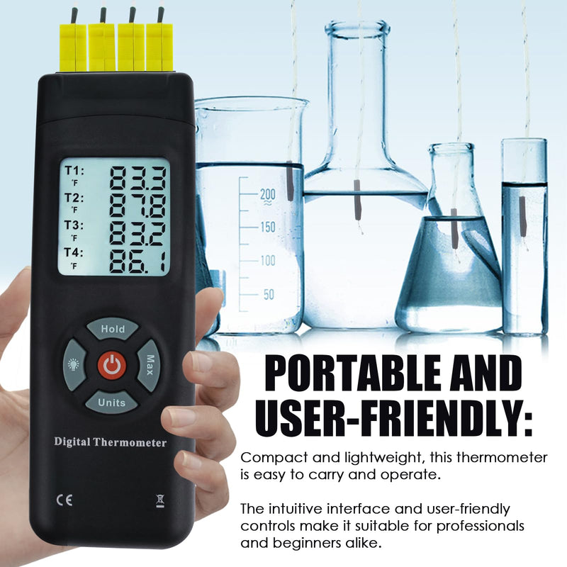 Thermometer 4 Channels K-Type Thermocouple Sensor Tester with K-Type Metal Probe, Backlight and Temperature Instrument
