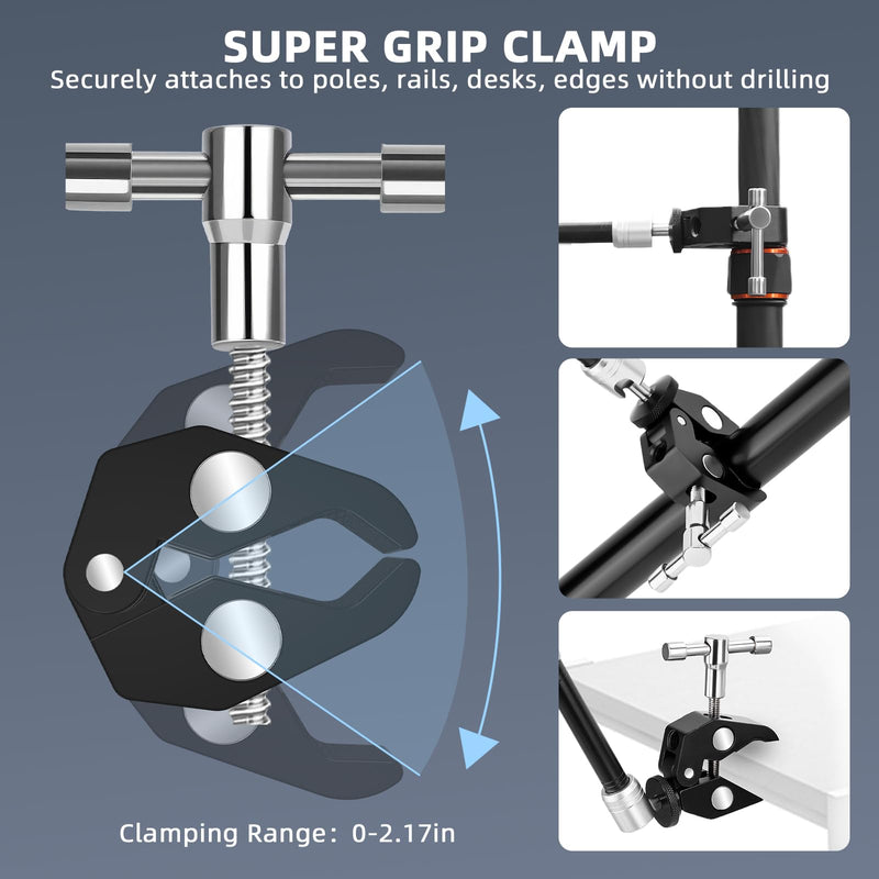 BRDRC Magic Arm Clamp Mount, 9.8" Articulating Extension Arm with 1/4" and 3/8" Thread, with Cold Hot Shoe Adapter, Phone Holder for Tripod DSLR Camera Cage LCD Monitor LED Light Accessories