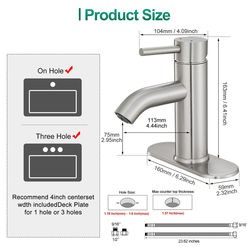 Bathroom Faucet Brushed Nickel One-Handle, Modern one Hole Bathroom Sink Faucet Lavatory Faucet with Deck Short