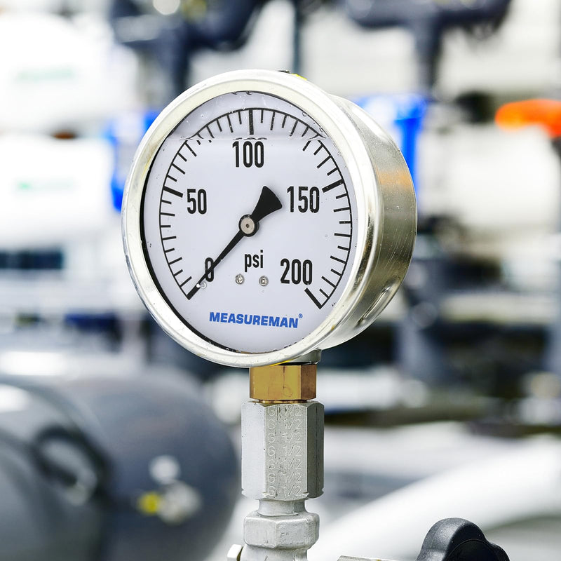MEASUREMAN Glycerin Filled Plumbing Pressure Gauge 0-200psi Stainless Steel Case, 4" Dial 1/4" NPT Brass Lower Mount, Suitable for Pneumatic Tools, Water Filtration & Industrial Hydraulic Systems