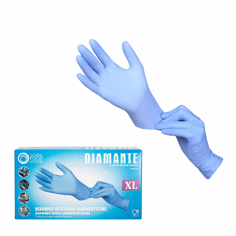 DIAMANTE Nitrile Disposable Examination Gloves, Powder-Free, 100 Pieces, Medical Device (MD), CE 2777, CAT III, Food-Safe (100, Blue, XL)