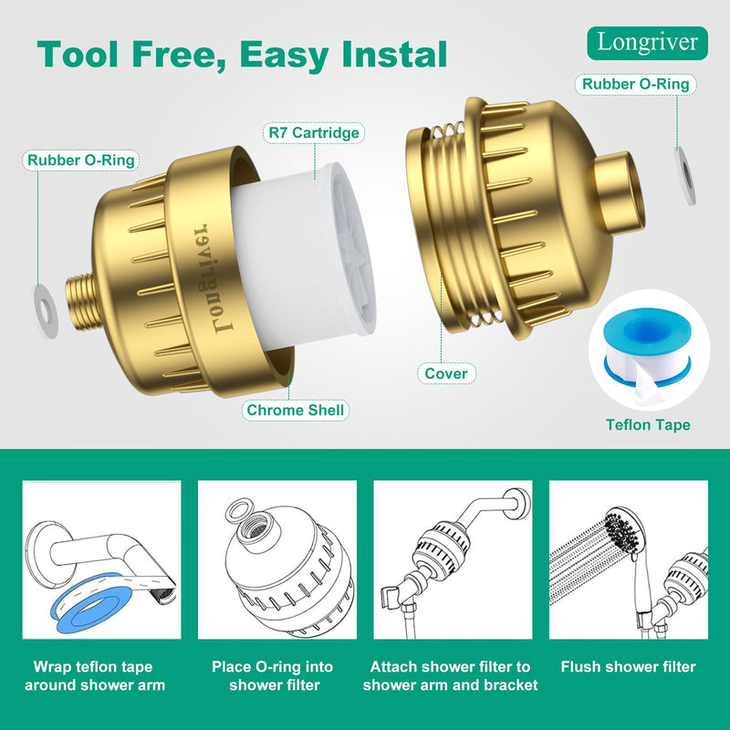 R7 Shower Filter High Put Shower Water Filter for Hard Water 99.99% Remove Chlorine, Heavy Metals, Shower Water Softener, Improve your skin and hair, Bathroom Fixture Hardware Parts, Brushed Gold 1 X Brushed Gold